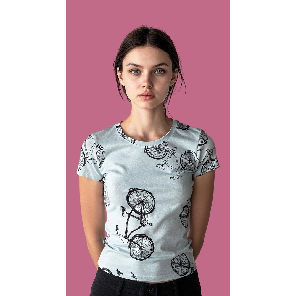 Womens JCPenney 100% Linen Top Graphic Tee Bicycle Print Short Sleeve Shirt PM